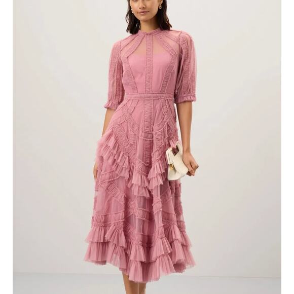 Mac Duggal Dresses & Skirts - Mac Duggal Pink Mesh Tiered Ruffle Midi Dress SIZE 8 Romantic Designer $700